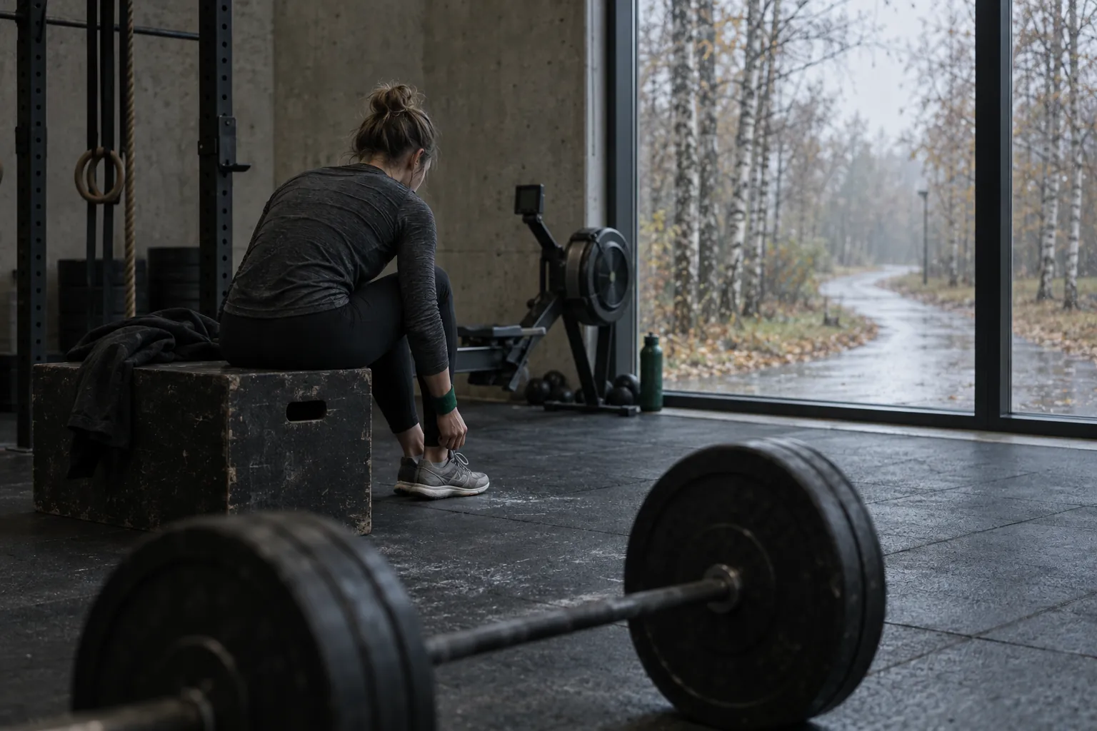 An athlete lacing running shoes on a plyo box in a gym, a loaded barbell on the floor and a wet birch-lined path outside the window