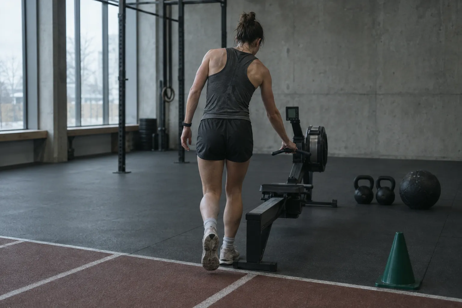 An athlete stepping off a running lane straight onto a rowing machine in a home-made Hyrox simulation