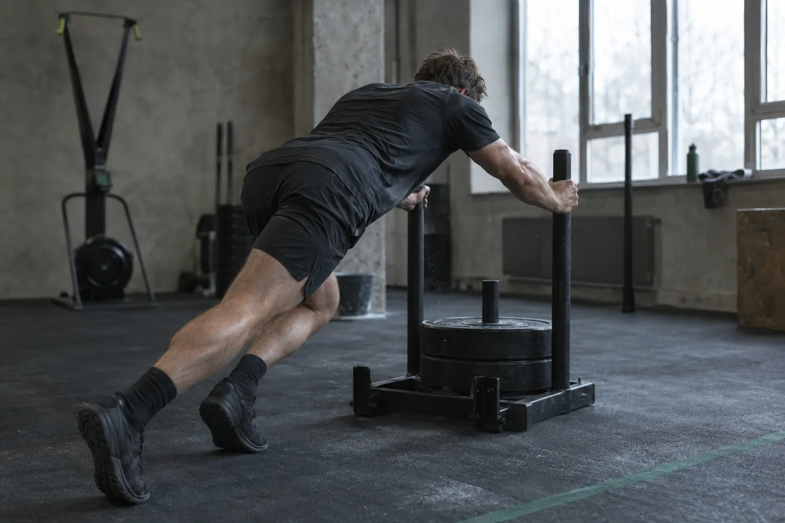 An athlete pushing a weighted sled across a rubber gym floor in a base-phase session, SkiErg in the background