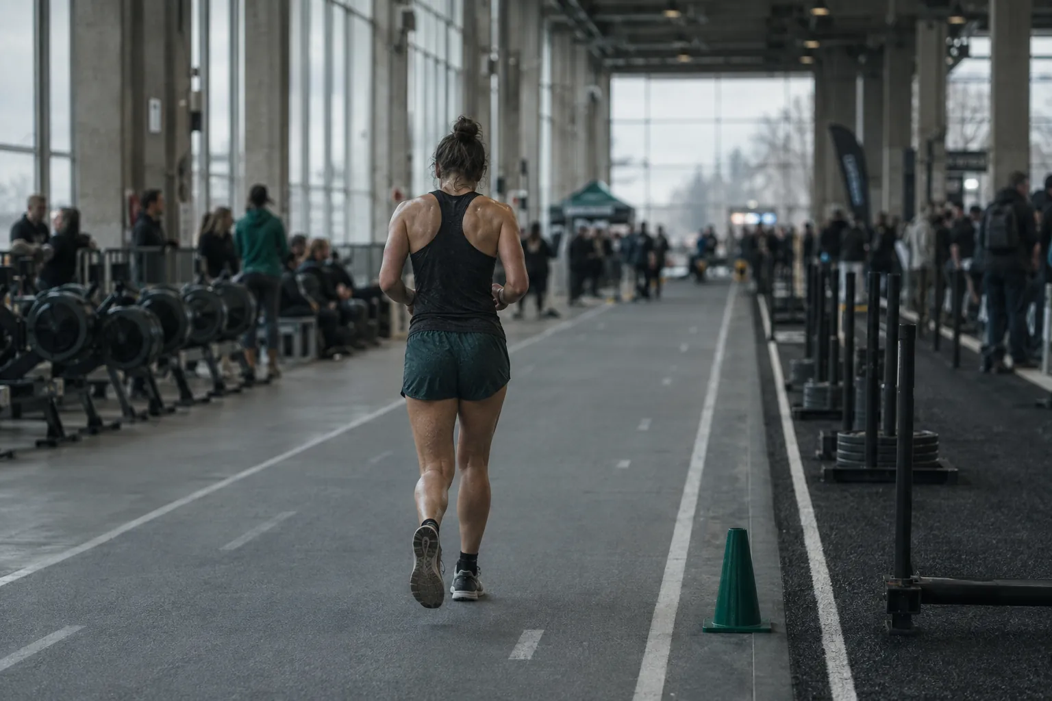 A tired athlete jogging down a race-hall running lane towards the next station, sled lane and rowing machines to the side