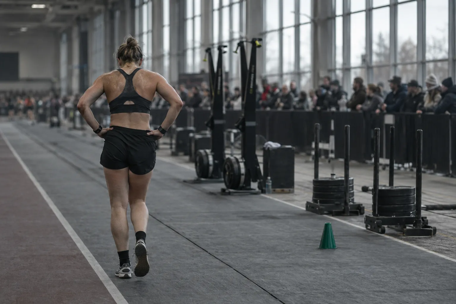 A tired athlete walking through a race-hall transition area towards the next run