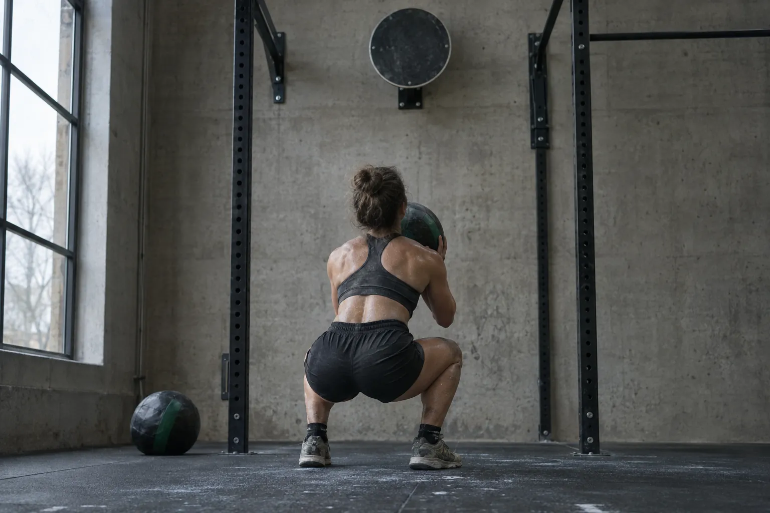 An athlete in a deep squat holding a medicine ball at the chest, ready to throw at the target, empty gym with chalk on the floor