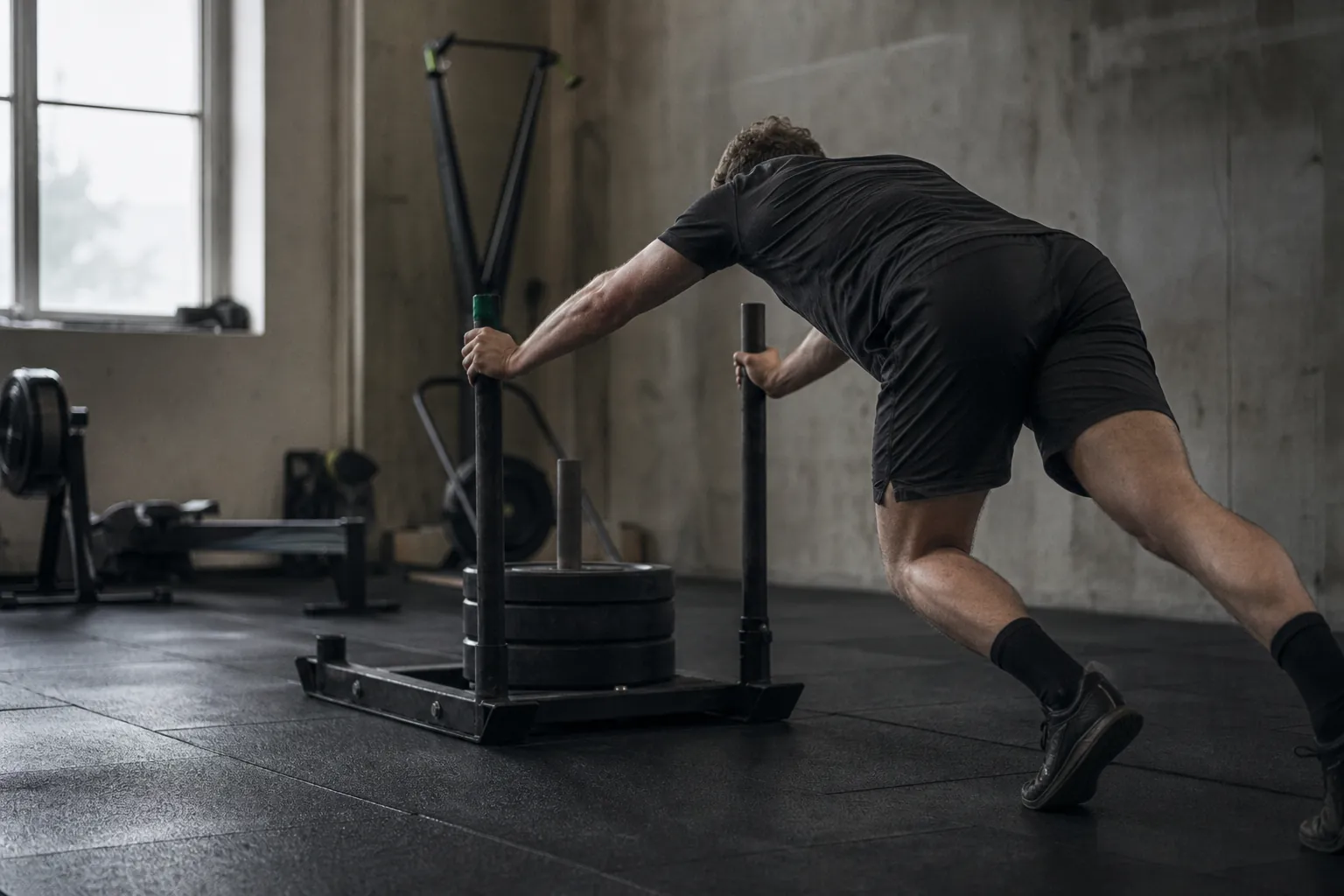 An athlete pushing a weighted sled across a gym floor in window light with chalk dust
