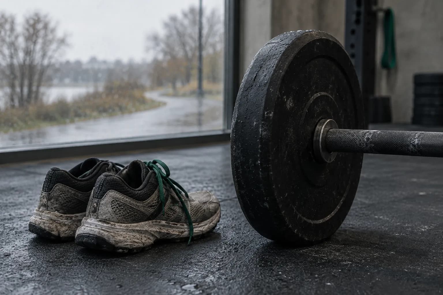 Running shoes on a rubber gym floor next to a loaded barbell, a wet autumn morning outside the window