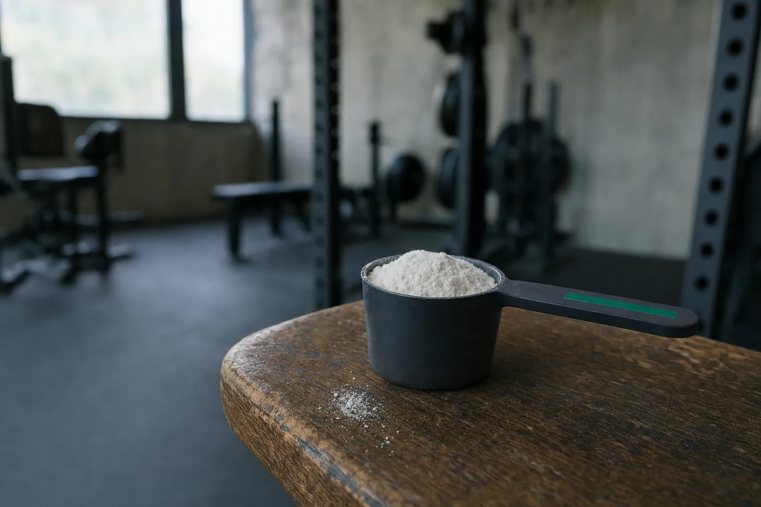 A measuring scoop of white creatine powder on a worn gym bench in window light