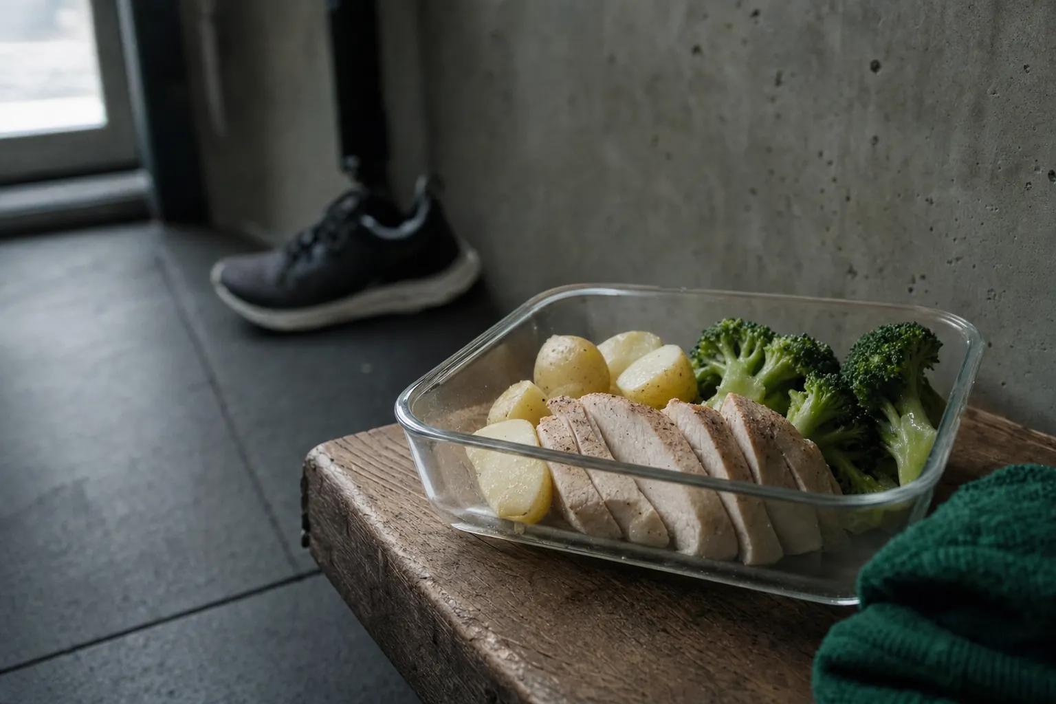 A glass meal prep container with chicken, boiled potatoes and broccoli on a wooden bench in a gym changing room