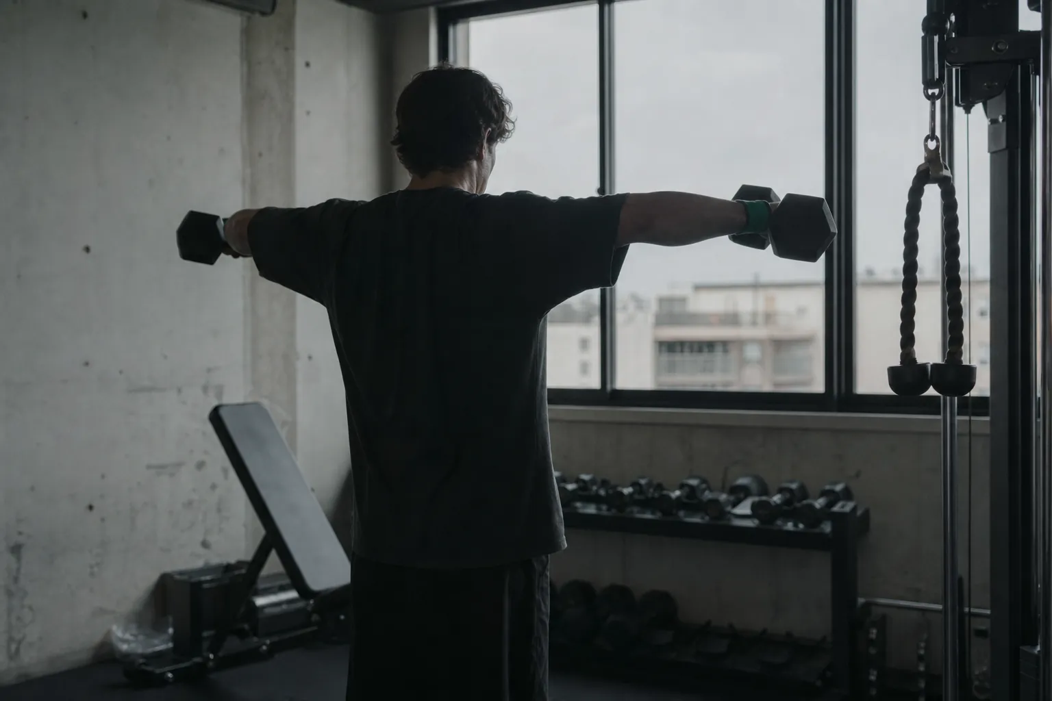 A lifter doing a dumbbell lateral raise in front of a mirror, dim gym and window light