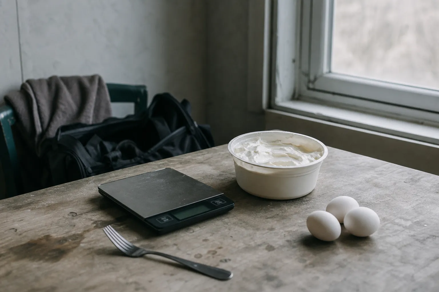 A tub of quark, eggs and a kitchen scale on a table with a gym bag in the background