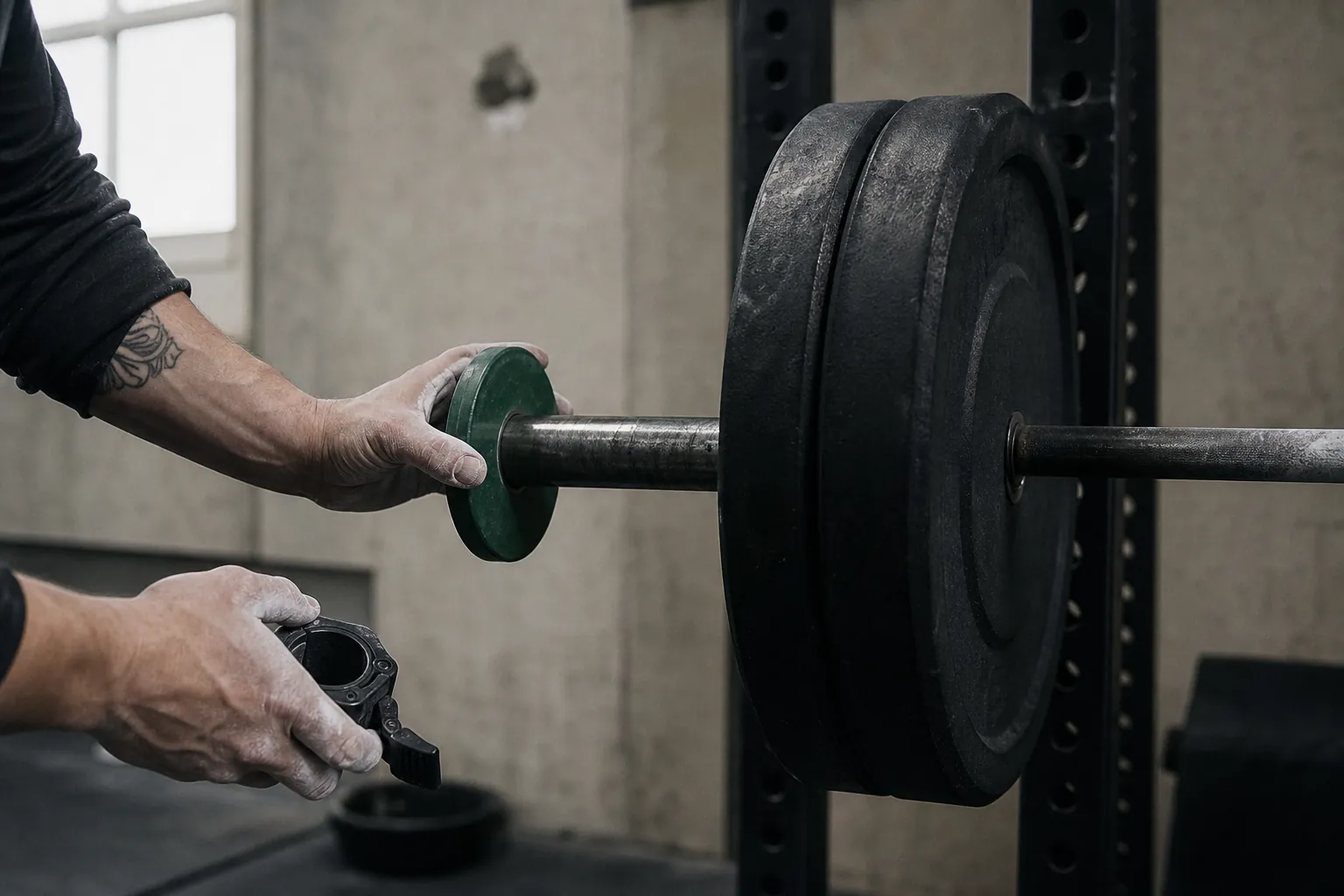 A hand adding a 1.25 kg micro plate to a barbell, an empty squat rack in the background