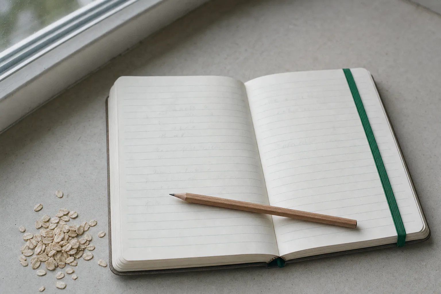 An open notebook and a pencil on a kitchen table with a few oat flakes by the edge