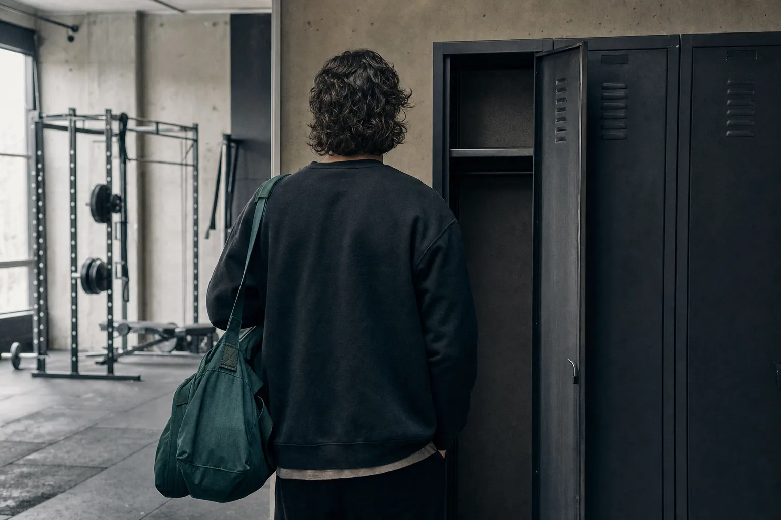 A lifter picking up a cardboard box from the floor of an empty gym
