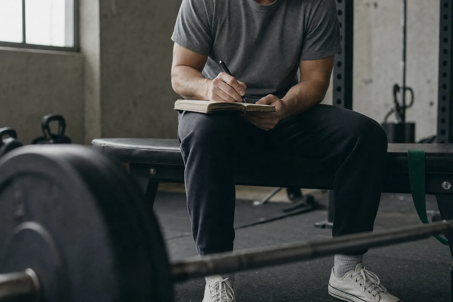 A lifter writing a set into a notebook on a gym bench behind a loaded barbell