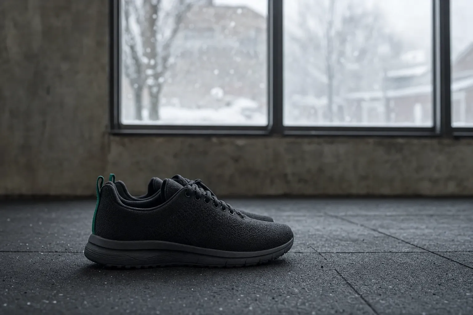 A pair of new training shoes on a rubber gym floor, snow falling outside the window
