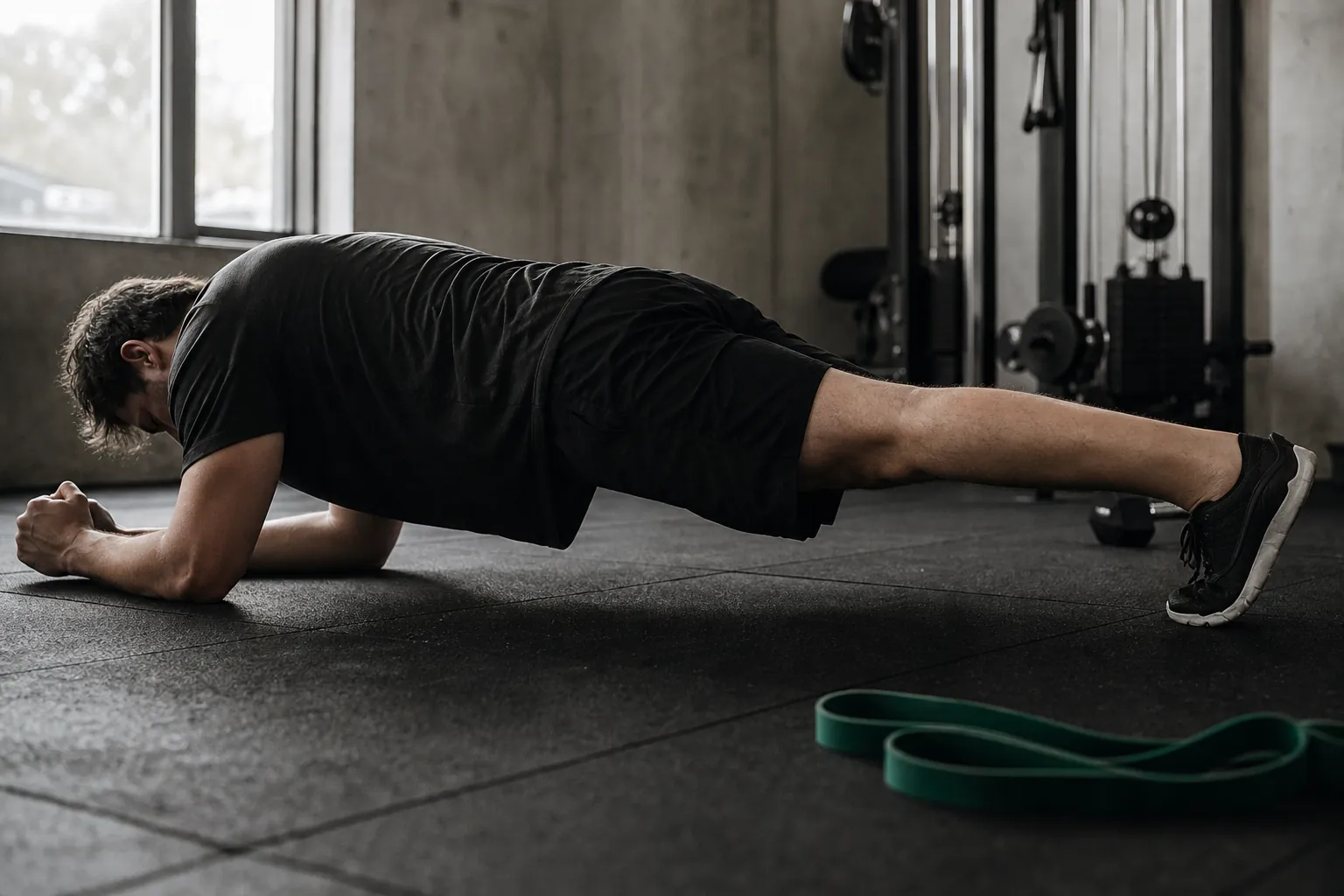 A lifter holding a plank on a rubber gym floor, side light from a window