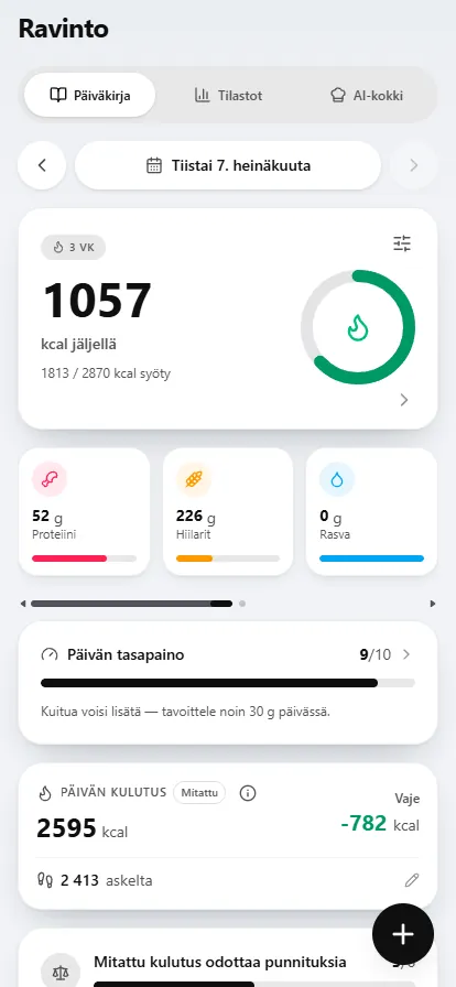 SisuLiftin ravintonäkymä: päivän kalorit ja makrot