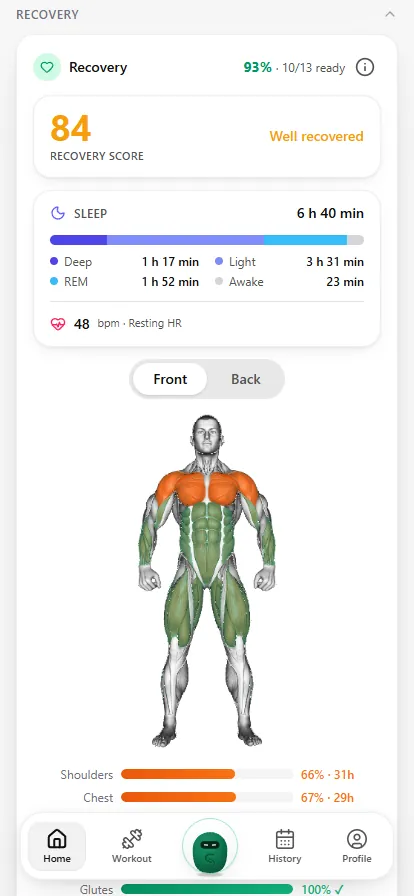 Recovery view: recovery score, sleep and muscle map