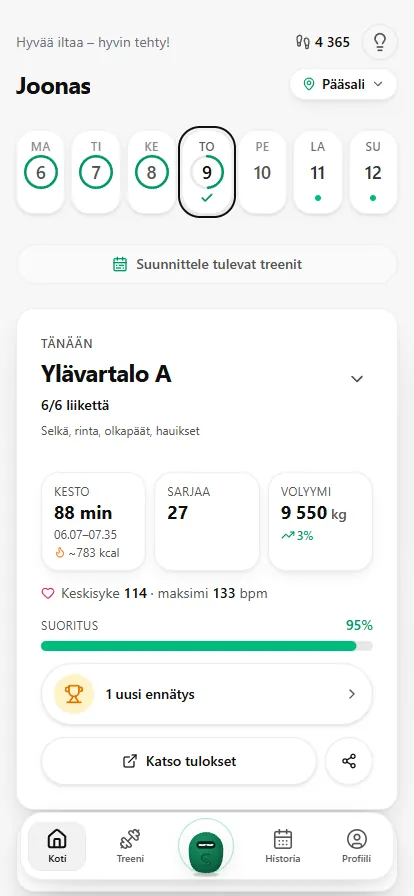 Valmiin treenin yhteenveto