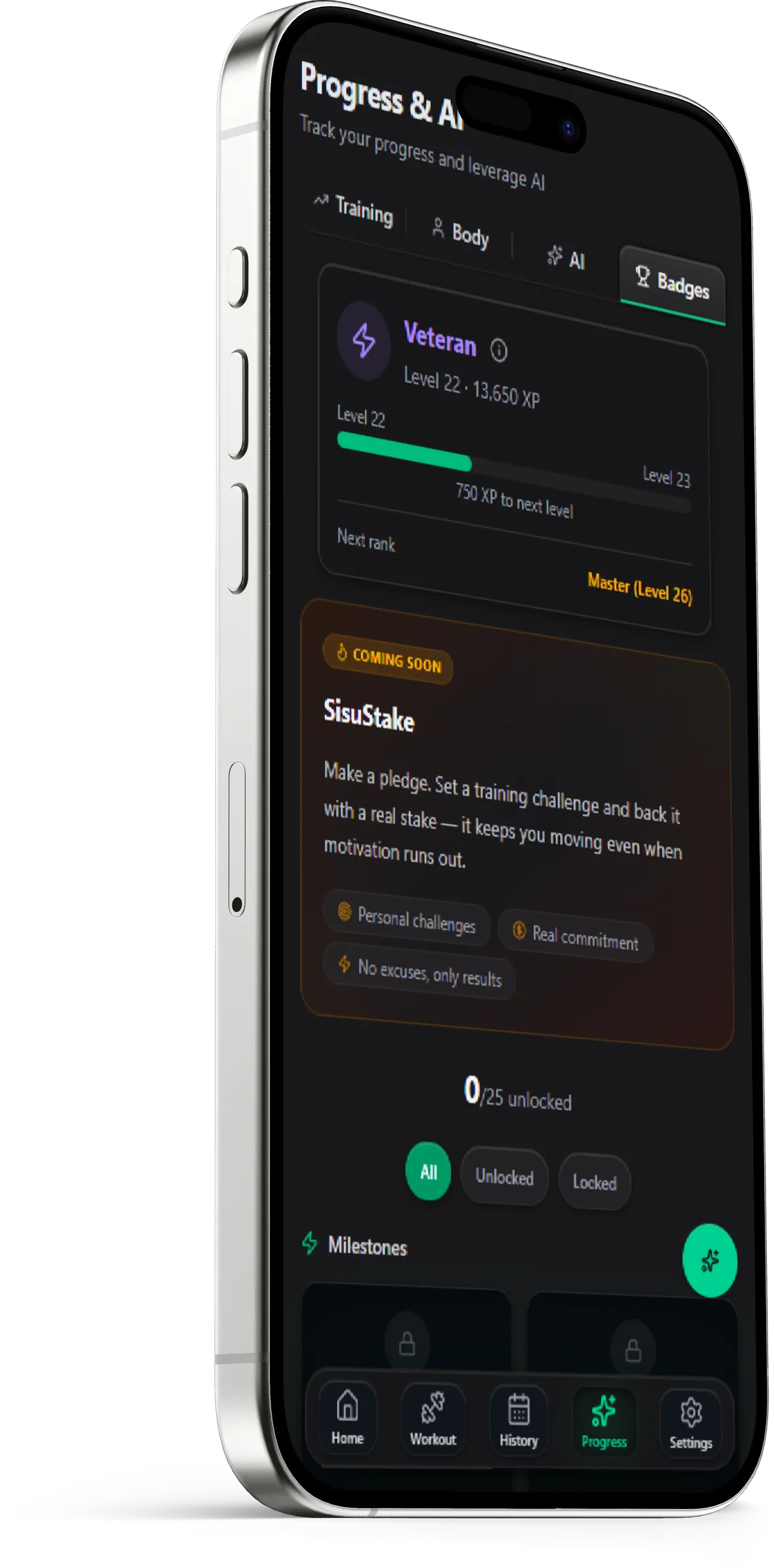 SisuLift achievements view, personal records and milestones