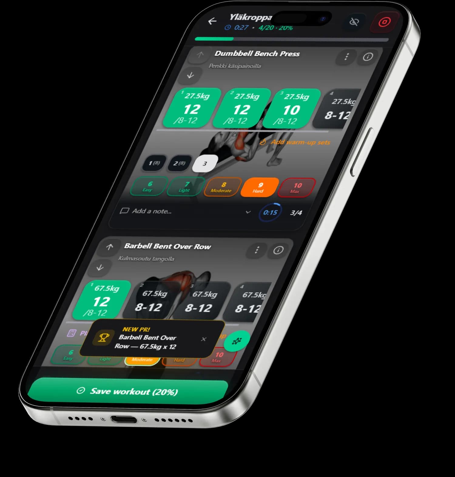 Workout log entry view in the app: sets, weights and reps
