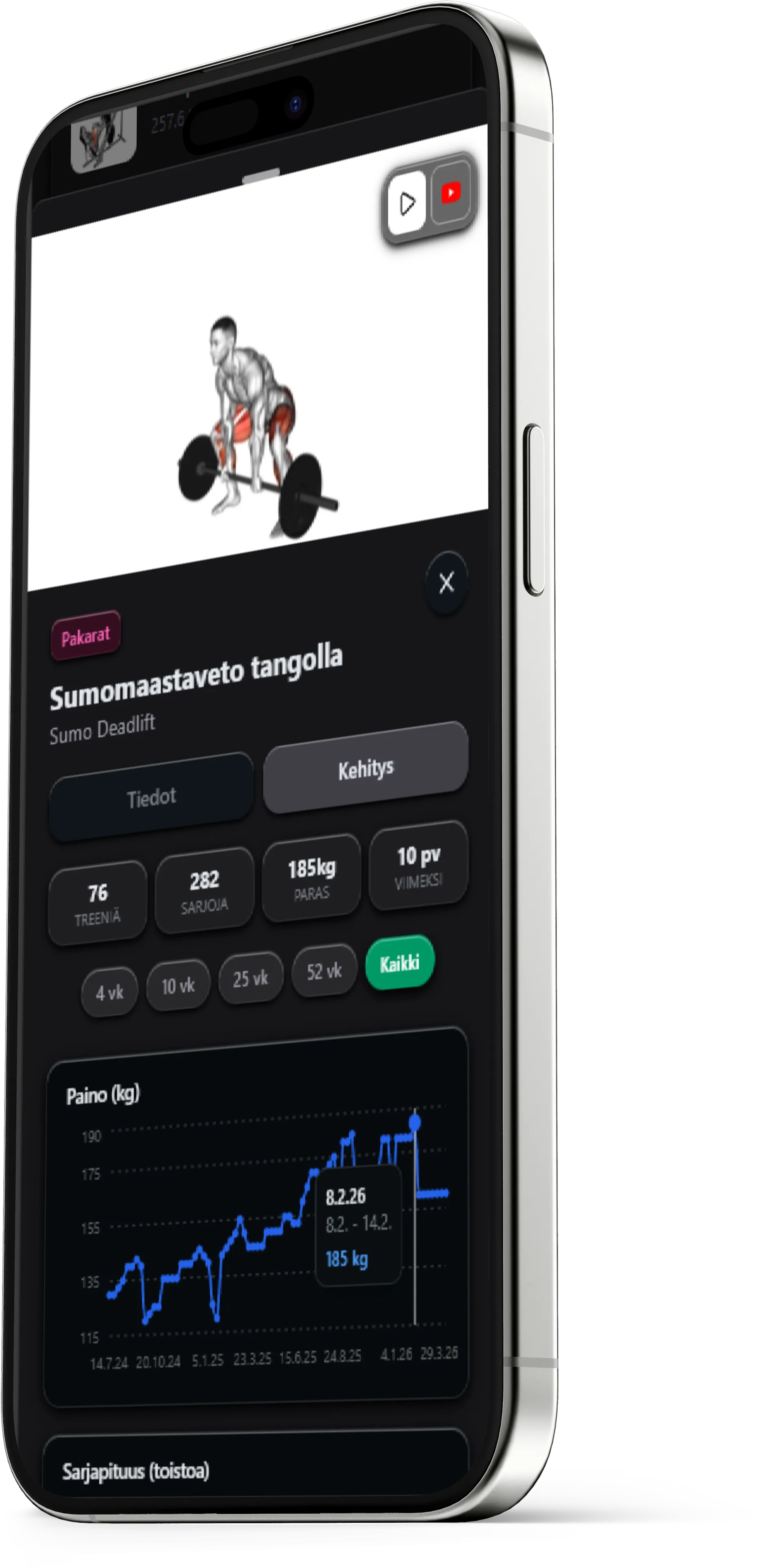 AI-treenisovelluksen progressionäkymä, voimakehitys ja toistot