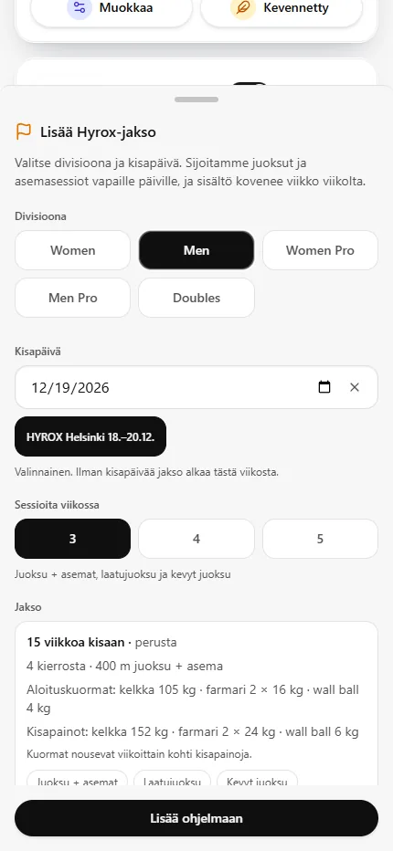 Add Hyrox block screen in SisuLift: division, race date, sessions per week, starting loads and race loads side by side