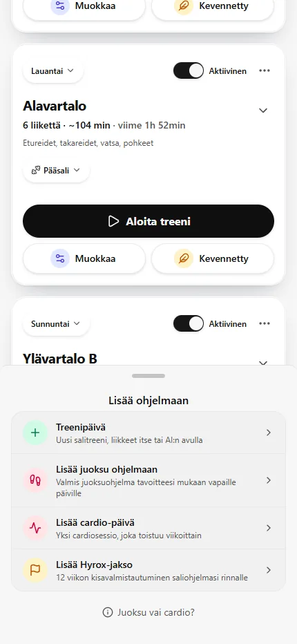 SisuLiftin Lisää ohjelmaan -valikko, jossa Lisää Hyrox-jakso: 12 viikon kisavalmistautuminen saliohjelman rinnalle