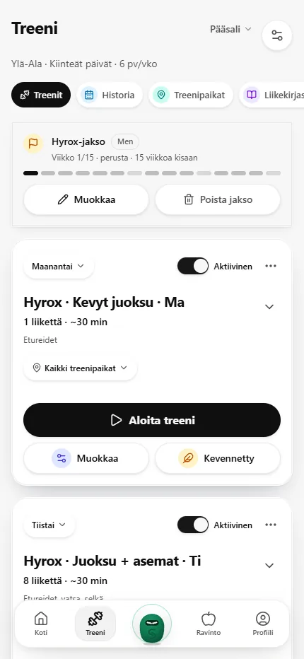 SisuLift Program page with the Hyrox block card and Hyrox days next to the gym programme