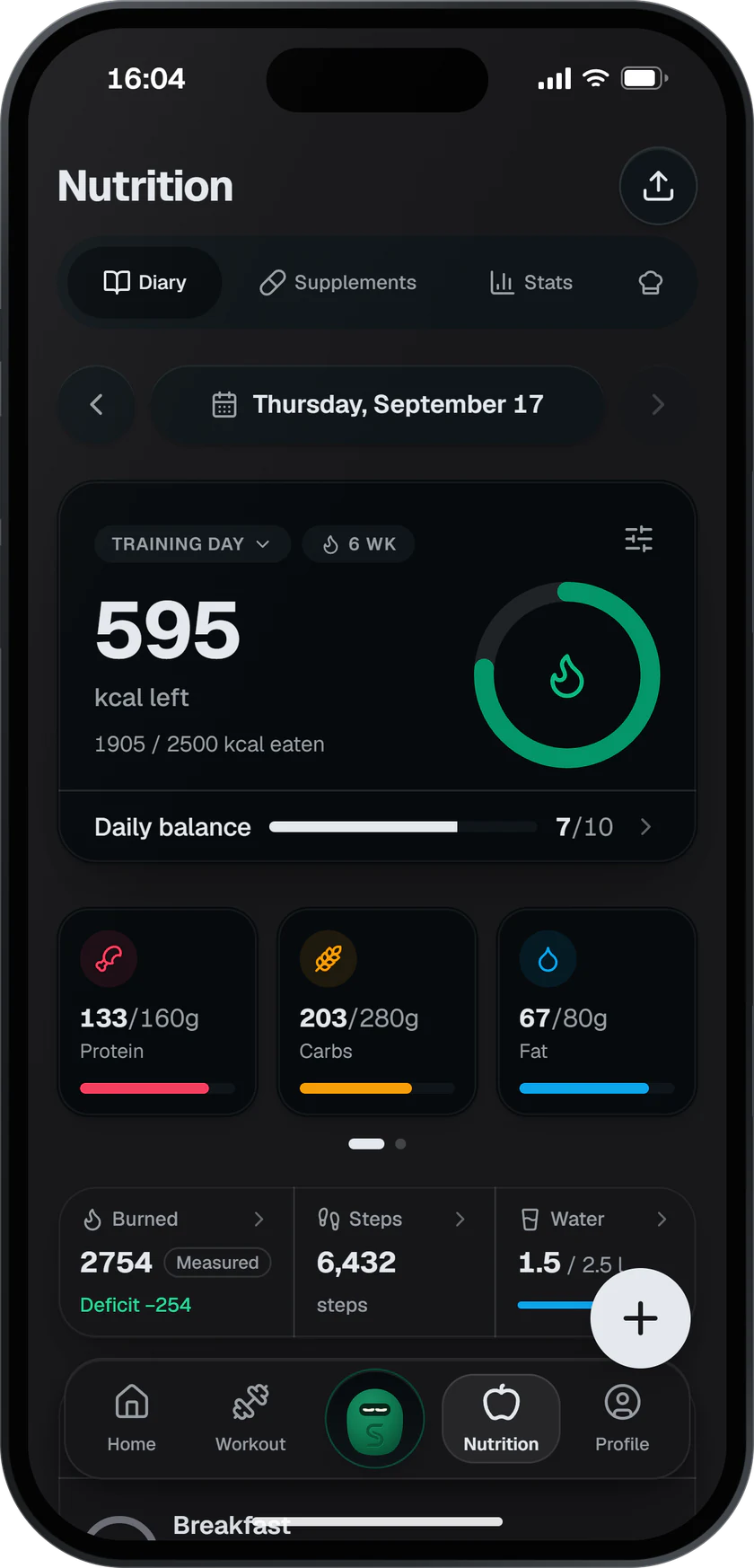 SisuLift nutrition view: the day's calories and macros