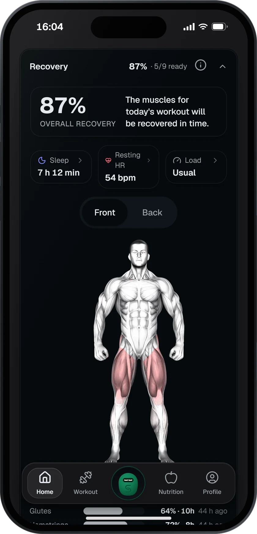 Recovery view: recovery score, sleep and muscle map
