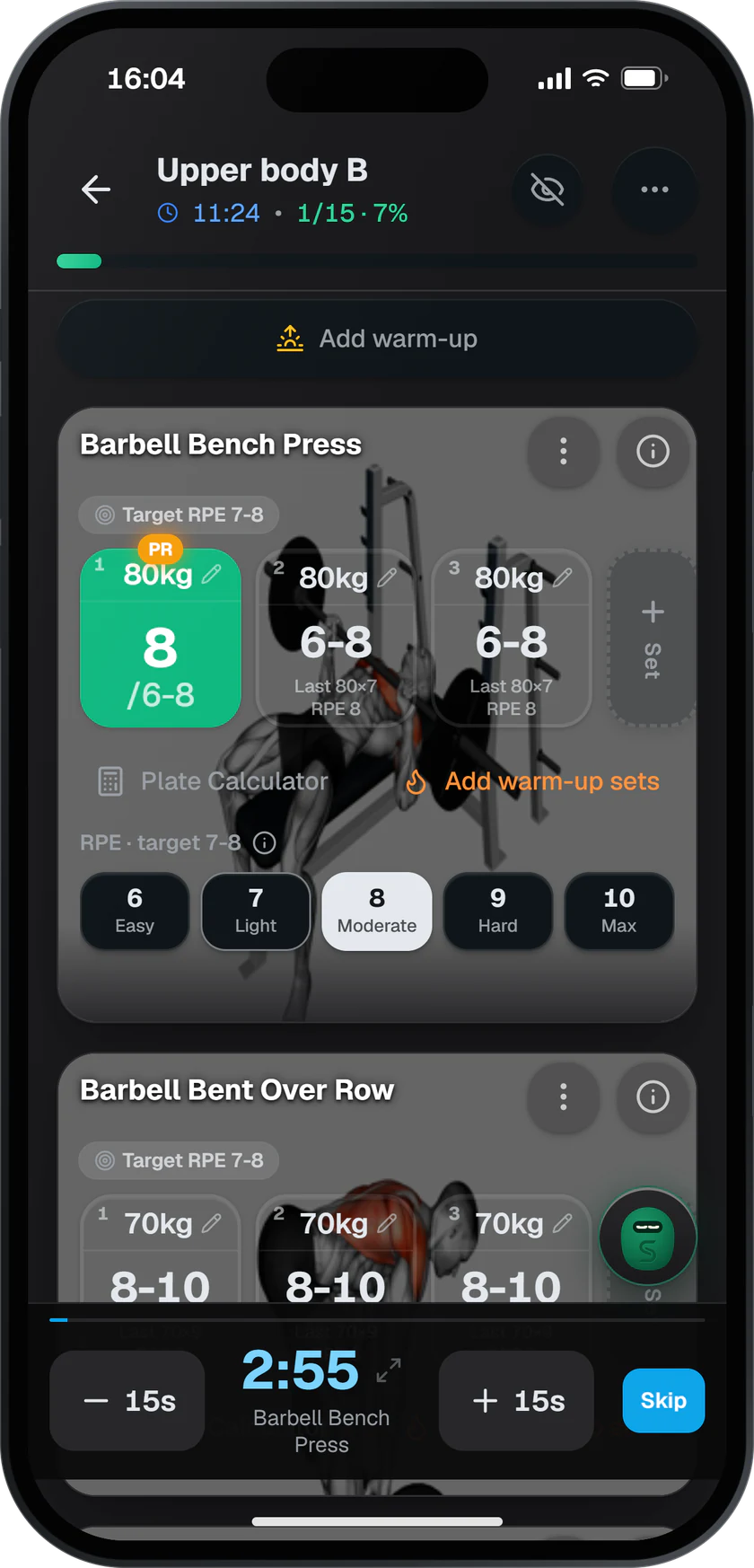 SisuLift workout view: set logging and rest timer