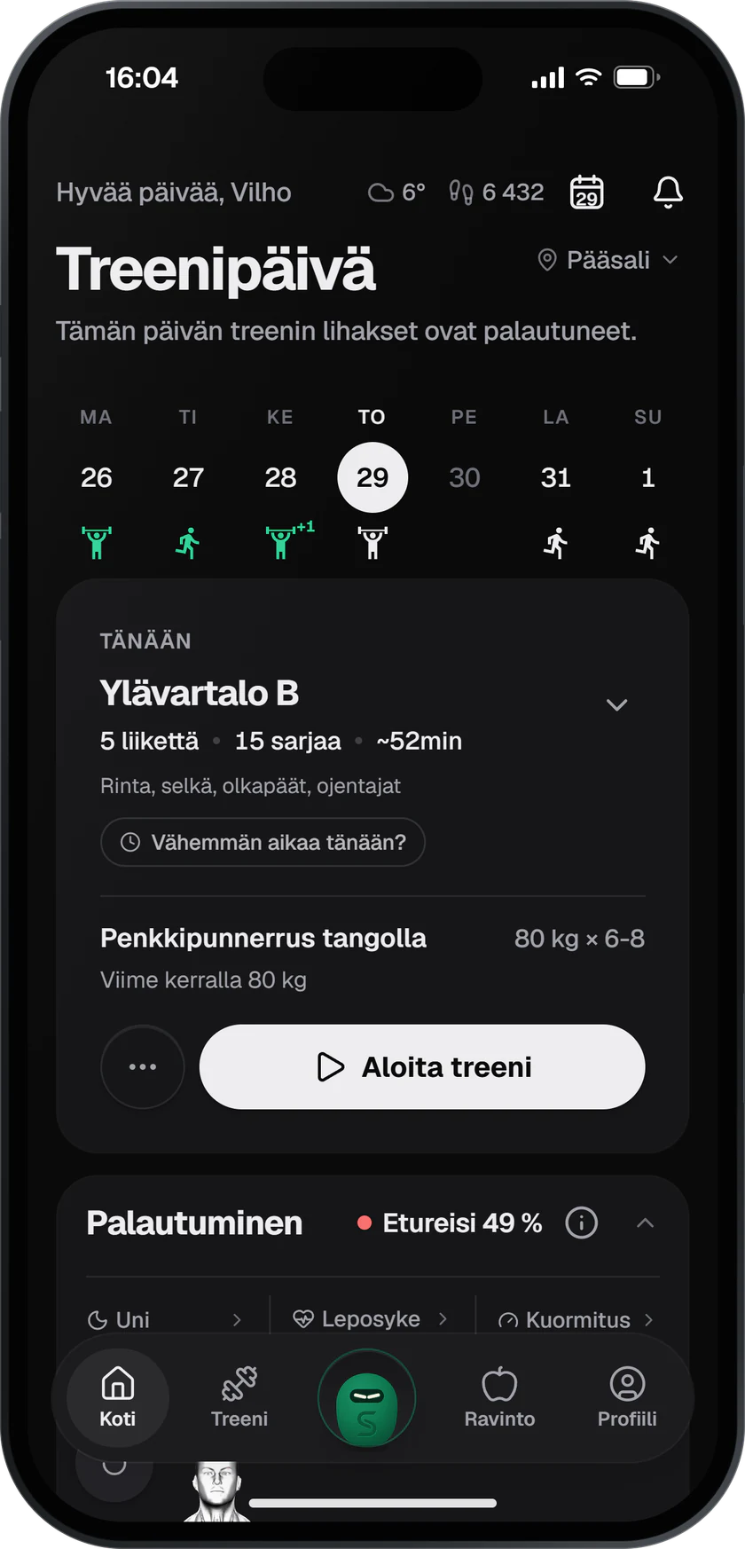 SisuLiftin etusivu, jonka viikkonauhassa näkyvät salitreenit ja juoksut omilla lajihahmoillaan sekä tämän päivän ylävartalotreeni.