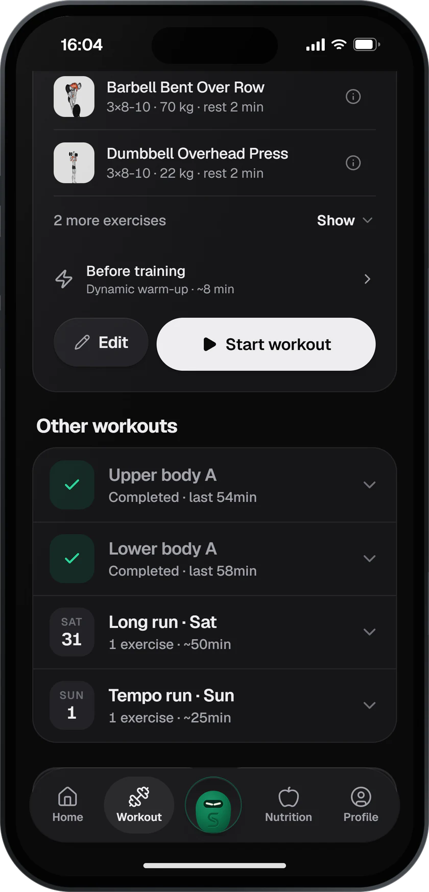 Workout tab program: today's upper body session and the rest of the week, with a long run on Saturday and a tempo run on Sunday.