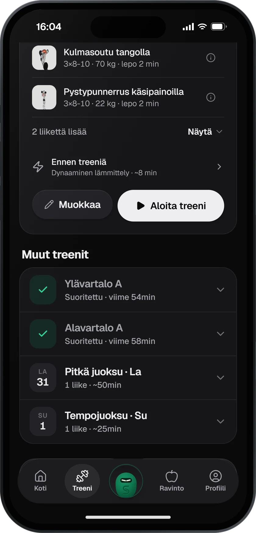 Treeni-välilehden ohjelma: tämän päivän ylävartalotreeni ja viikon muut päivät, joista lauantaille pitkä juoksu ja sunnuntaille tempojuoksu.