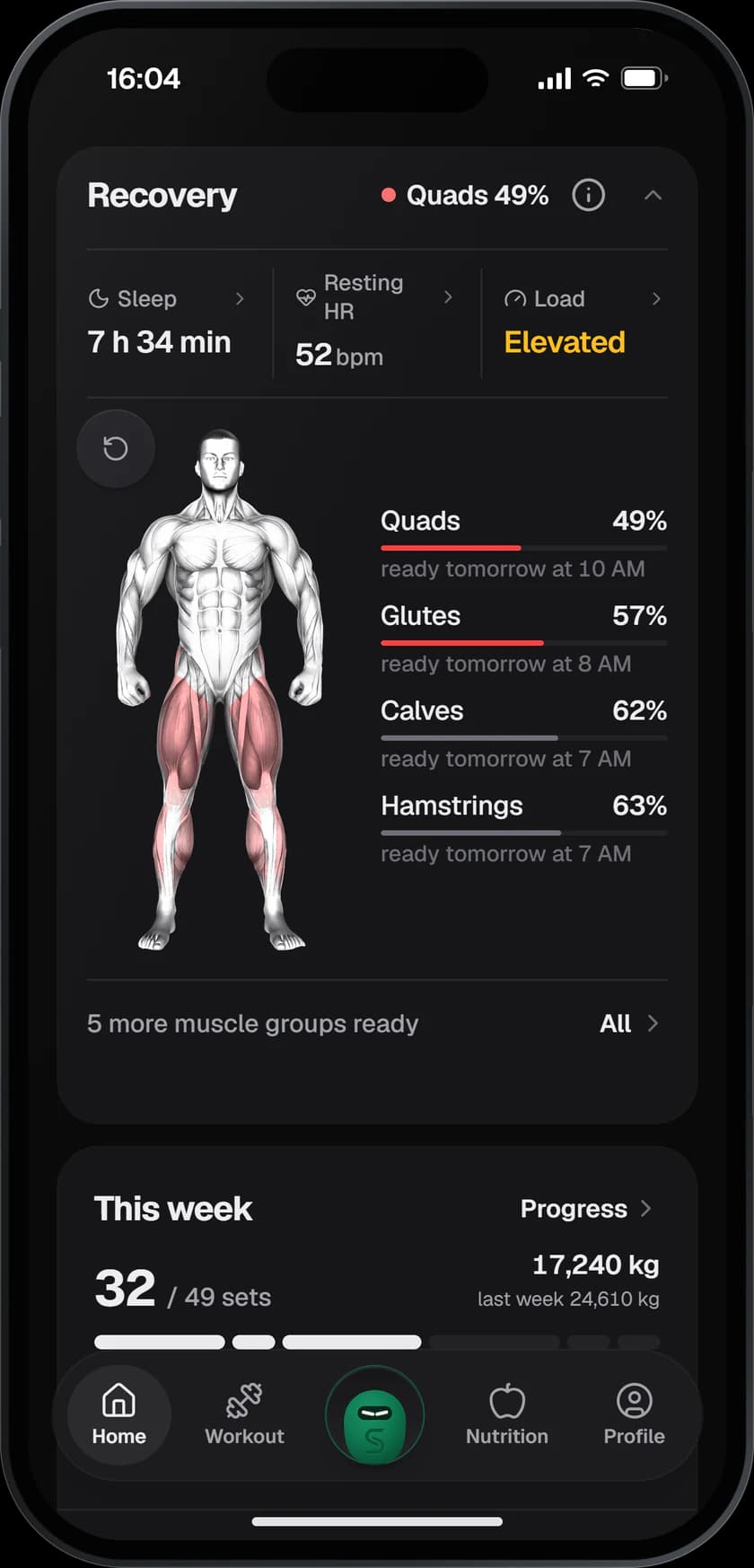 Recovery: 7 h 34 min sleep, resting heart rate 52 and elevated load, with quads, glutes, calves and hamstrings still recovering after a run and leg day.